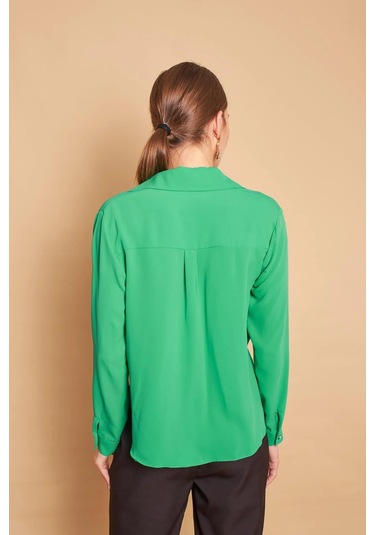 Yakalı Önü Pileli Uzun Kol Likrasız Şık Kumaş Gömlek-B.Yeşil B.Yeşili