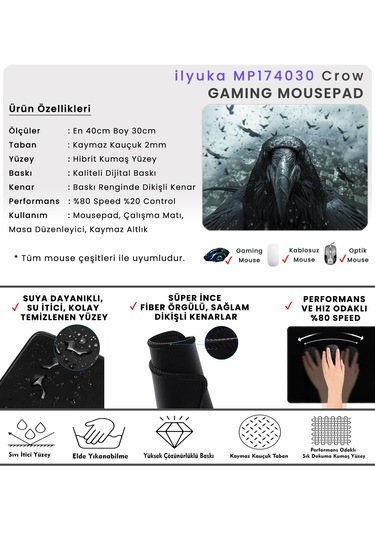 İlyuka 40x30cm Gaming Oyuncu Mousepad Crow Mp174030