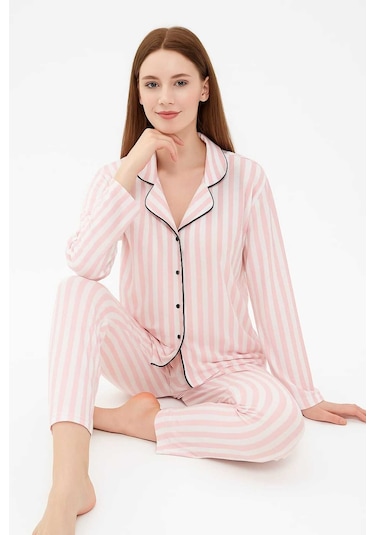 Çizgili Pembe Renk Gömlek Uzun Kol Pijama Takımı Pembe