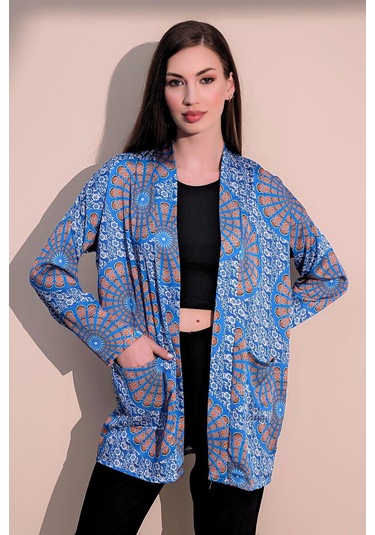 Kadın Saks Etnik Desen Yeni Moda Saten Çift Cepli Salaş Kimono Ceket - Tesettüre Uygun Saks Kadın Saks Etnik Desen Yeni Moda Saten Çift Cepli Salaş Kimono Ceket - Tesettüre Uygun Saks