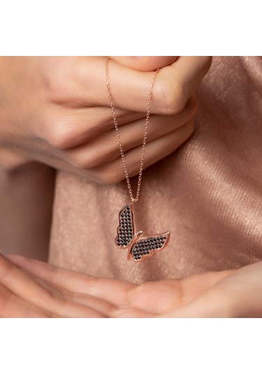 Siyah Zirkon Taşlı Zarif Tasarım Rose Renk 925 Ayar Gümüş Kelebek (459601787)