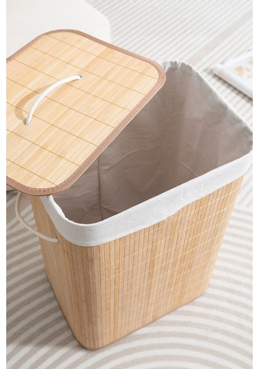 İronika Bambu Kirli Çamaşır Sepeti Halatlı Bambu Çamaşır Oyuncak Sepeti Dikdörtgen Açık Kahverengi