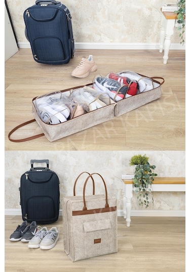 Deri Kulplu Ayakkabı Seyehat Çantası Bej