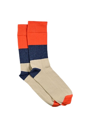 Erkek Krem-mercan Blok Desenli Soket Çorap Krem