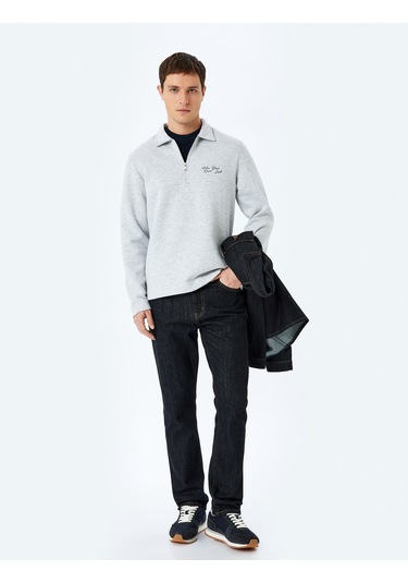Koton Slogan İşlemeli Pamuk Karışımlı Dikiş Detaylı Yarım Fermuarlı Sweatshirt Gri 5wam70263mk Gri