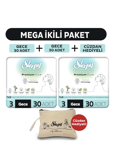 Sleepy Bio Natural Premium Plus Hijyenik Ped Mega Paket Gece 30x2 (60 Adet) + Cüzdan Hediyeli