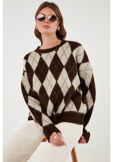 Lela Oversize Fit Bisiklet Yaka Baklava Desenli Yumuşak Dokulu Bayan Kazak 4616223 Kahve