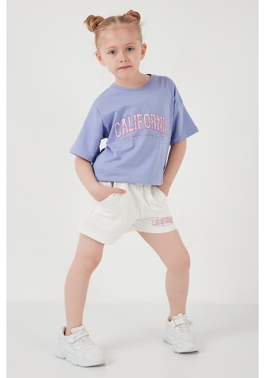 Lela Pamuklu Baskılı Bisiklet Yaka Şortlu Alt-Üst Kız Çocuk Takım 6212004 Lila