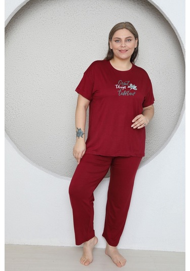 Fames Pijama Büyük Beden Likrali Ring Viskon Kisa Kol Yazlik Pijama Takim Bordo