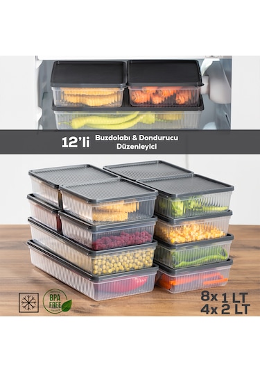 Porsima 1101-1169 12li Buzdolabı Organizer Mikrodalga Derin Dondurucu Buzluk Bakliyat Saklama Kabı-antrasit