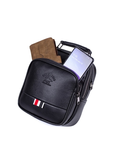 Tuldar Erkek Deri Ayarlanabilir Çapraz Omuz Askılı Günlük Omuz Ve El Çantası 19x22cm Tul132 Siyah - Kırmızı