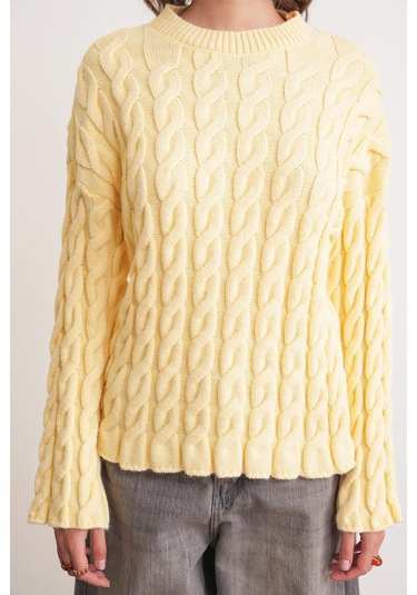 6973 Kadın Saç Örgülü Regular Basic Triko Kazak Pastel Sarısı Pastel Sarısı