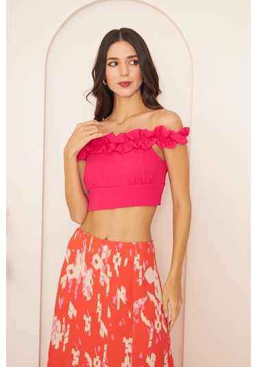 Darlin Moda Pembe Fırfırlı Crop Bluz Dm7002