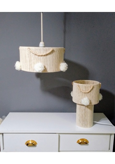 Makrome İp Avize Abajur Set Ekru Avize Boncuk Ponpon Makrome Abajur Ekru