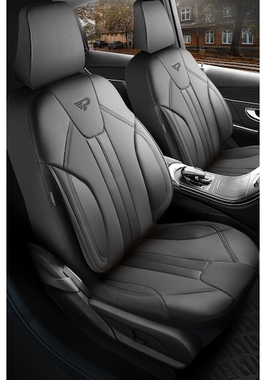 Gri - Gri Panda Carlone Serisi Ful Deri Oto Koltuk Kılıfı - Tam Set