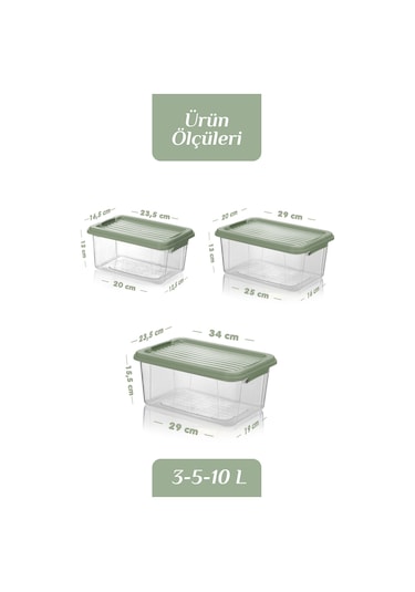 3'lü Kilit Kapak 3-5-10 Lt Erzak Saklama Kabı Çok Amaçlı Düzenleyici Kutu Deterjan Un Bakliyat Kabı Yeşil