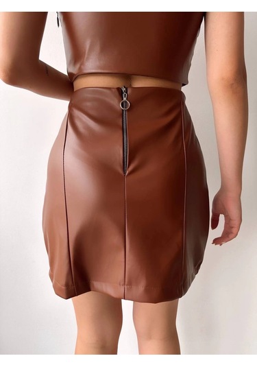 Beş Düğmeli Oval Deri Etek Kahve H240068 Kahve