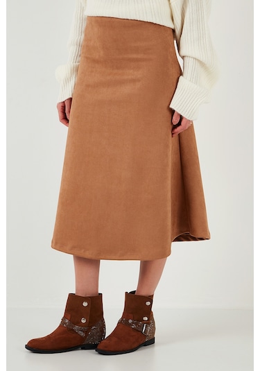 Lela Streç Regular Fit Yüksek Bel Midi Boy Süet Çan Bayan Etek 5866180 Vizon