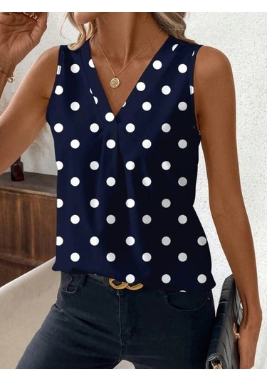 Defymoda Kadın Askılı V Yakalı Puantiyeli Süprem Bluz Lacivert
