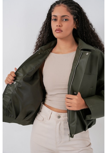 Kadın Oversize Deri Ceket 1055 - Haki Haki