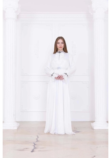 Yaka Fırfırlı Boncuk İşlemeli Şifon Abiye 2716-ekru Ekru