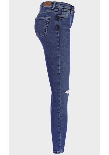 Judy Koyu Mavi Yüksek Bel Dizi Yırtıklı Skinny Jean Pantolon C 4521-195 Koyu Mavi