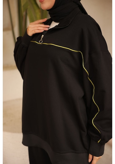 Tesettür Eşofman Takımı Ikili Takım Fermuarlı Yaka M-483 Siyah