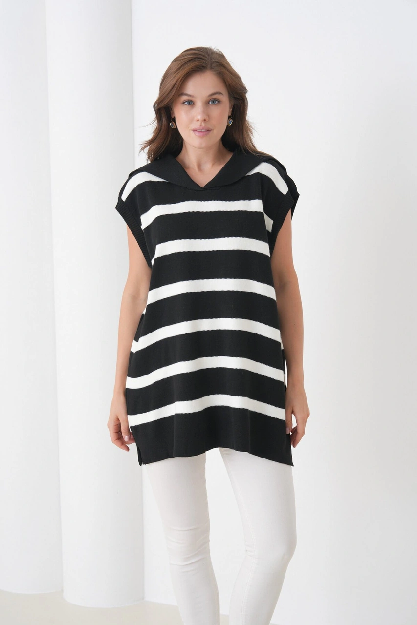 Kadın Kolsuz Gömlek Yaka Triko Tesettüre Uygun Spor Şık Yelek Siyah