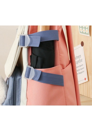 Moveevo Renkli Kumaşlı 5 Parça Aksesuar Seti İle Büyük Kapasiteli Çift Omuzlu Sırt Çantası Mor Renk Çok Renkli