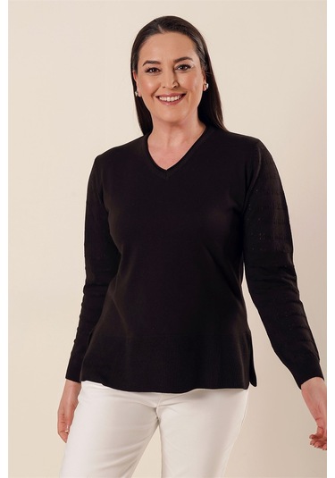 V Yaka Kolları Modelli Yanları Yırtmaçlı Büyük Beden Akrilik Kaza Siyah