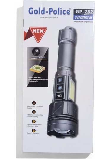 Gold-police Gp-282 Uzun Menzilli Güçlü Şarjlı 10000 Lümen El Feneri 11 Mod Çakar Işıklı Kırmızı-mavi Çok Renkli