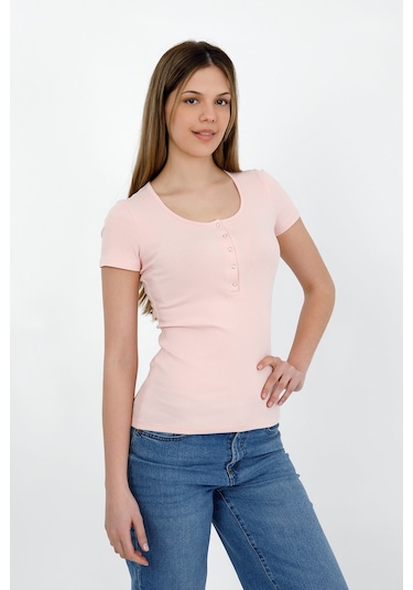 Hdm Kadın Esnek Fitilli Yakası Çıtçıtlı Pembe Kısa Kol Basic Örme Bluz - H5993