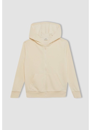 DeFacto Kız Çocuk Basic Düz Kapüşonlu Fermuarlı Cepli Okul Hırkası C8110A824AUER134 Ekru