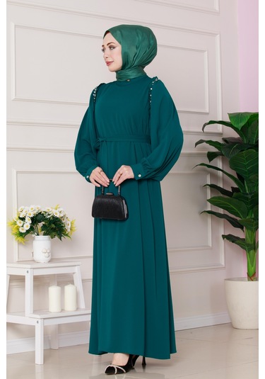 Omuzu Taş Detaylı Rose Elbise-zümrüt Yeşili-4777 Zümrüt Yeşili