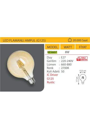 K2 Kes607 8watt Rustik Led Ampul G125