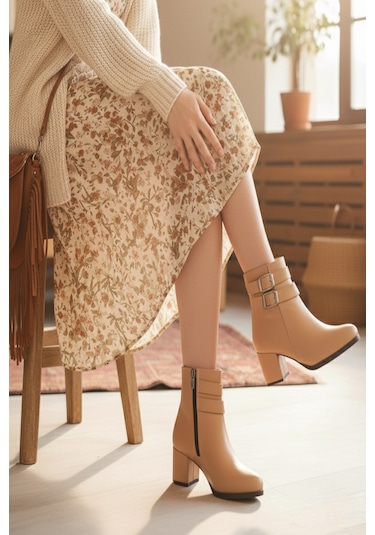 Kadın Hermina Çift Tokalı Kısa Bot Nude Cilt