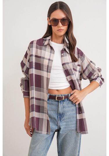 4752 Kadın Oversize Ekose Gömlek Bordo Bordo