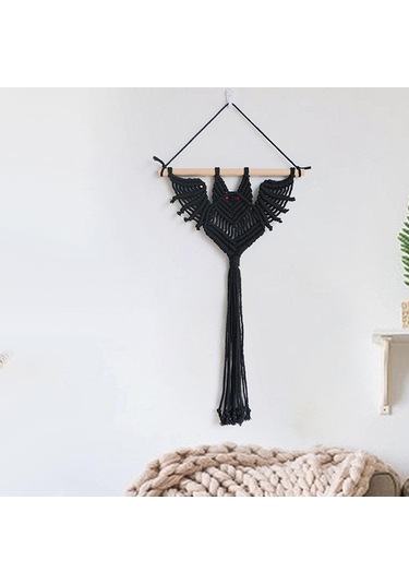 Homyl Makrome Duvar Asılı Goblen Yarasa Desen Uzun Siyah-30x50cm