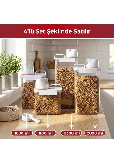 Gobypet 4'lü Saklama Kabı Ölçekli Kapak, Sızdırmaz Mama Ve Yem İçin Çok Amaçlı Set