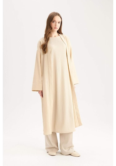 DeFacto Relax Fit Şal Yaka Krinkıl Kumaş Uzun Kimono E1816AX25SPBG757 Bej