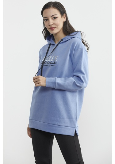 Kapüşonlu İçi Pamuklu Kalın Sweatshirt - Mavi Ekru