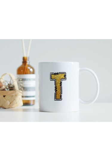 T Harfi Gold Simli Kupa Işıltılı Alfabe Harf Tasarımlı Kahve Kupası - Kişiye Özel Hediye Beyaz