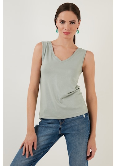 Lela Slim Fit V Yaka Kalın Askılı 2' Li Paket Bayan Bluz 5864384S2 Siyah-Çağla