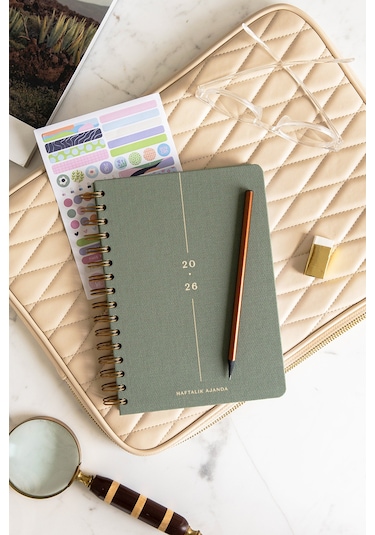 2026 A5 Spiralli Keten Haftalık Ajanda 12 Aylık - Yeşil Yeşil