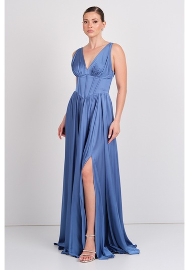Doridorca Kadın Derin V Yaka Sırttan Bağlamalı Maxi Abiye Elbise 7091 Indigo İndigo