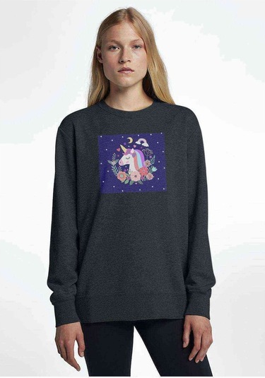 Space Unicorn 3 Baskılı Füme Antrasit Kadın Sweatshirt