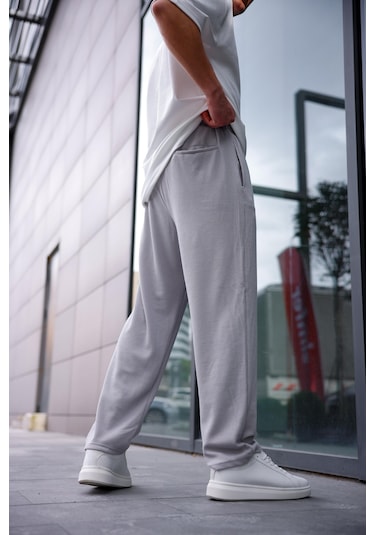 Erkek Gri Renk Burgu Desen Örme Kumaş Baggy Pantolon-1755 Gri