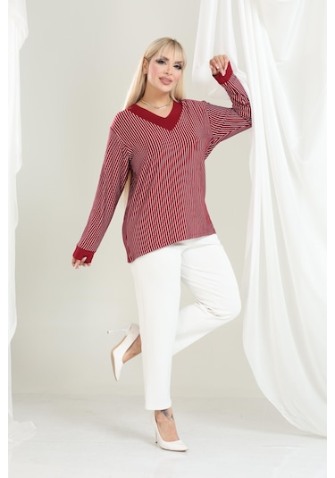 Bambu Viskon V Yaka Uzun Kollu Bluz Rahat Kalıp, Büyük Beden Xl 6xl Bordo