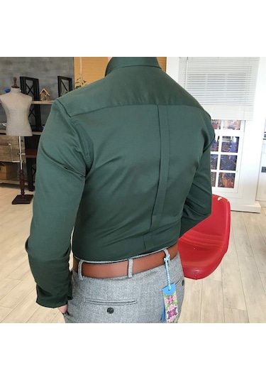 Italyan Stil Slim Fit Dik Yaka Saten Erkek Gömlek Yeşil T4743