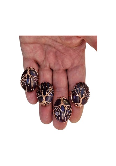 Pozitif Doğal Taş Ametist Ayarlı Yüzük Bakır Hayat Ağacı El Yapımı 466-3 Çok Renkli